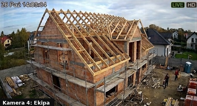 Podgląd kamery: budynek w budowie z rusztowaniem i ekipą